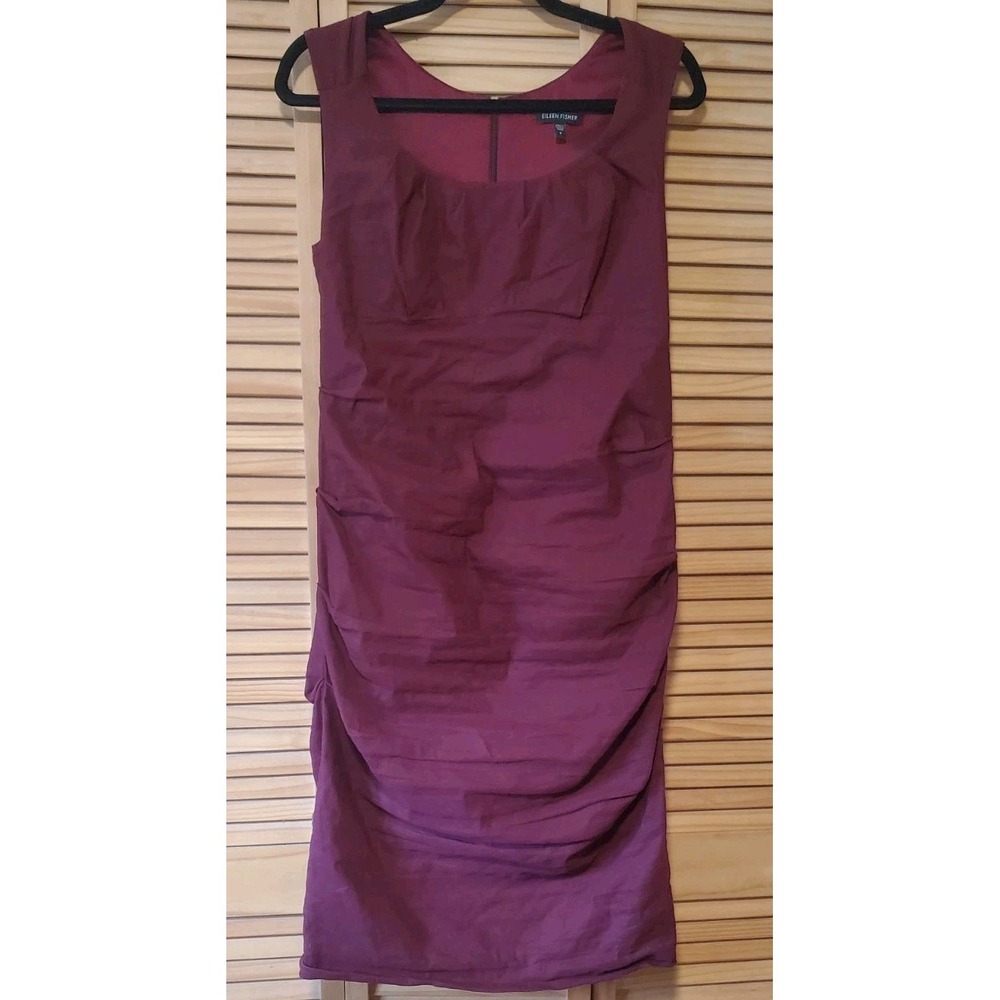 Eileen Fisher Burgundy Shirred Cotton Stretch Stitch Dress Size 8